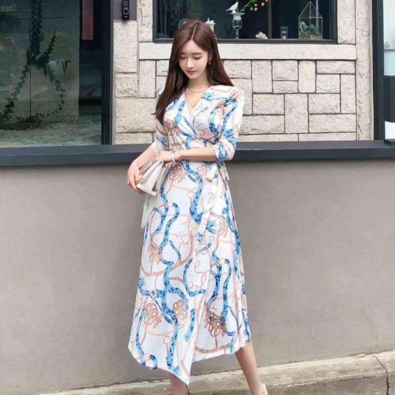 

autumn Korean style temperament V-neck chain printing lace up waist wrap dres 210603, Clear