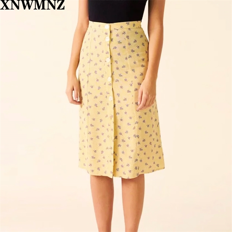 

Retro floral print women skirt breasted buttoned lace-up slim high waist temperament lady summer VADIM. 210520, Gold