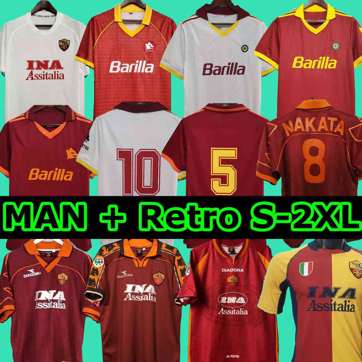 

1998 1996 1997 1999 2000 Roma Retro soccer jersey 1992 1994 TOTTI NAKATA BATISTUTA Candela Montella BALBO 91 92 94 rome Maglia da calcio, Black