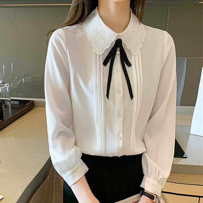 

Korean Women Chiffon Shirt Embroidered Blouse Shirts Woman Bow Long Sleeve Top Plus Size Hollow Out Blouses 210604, White