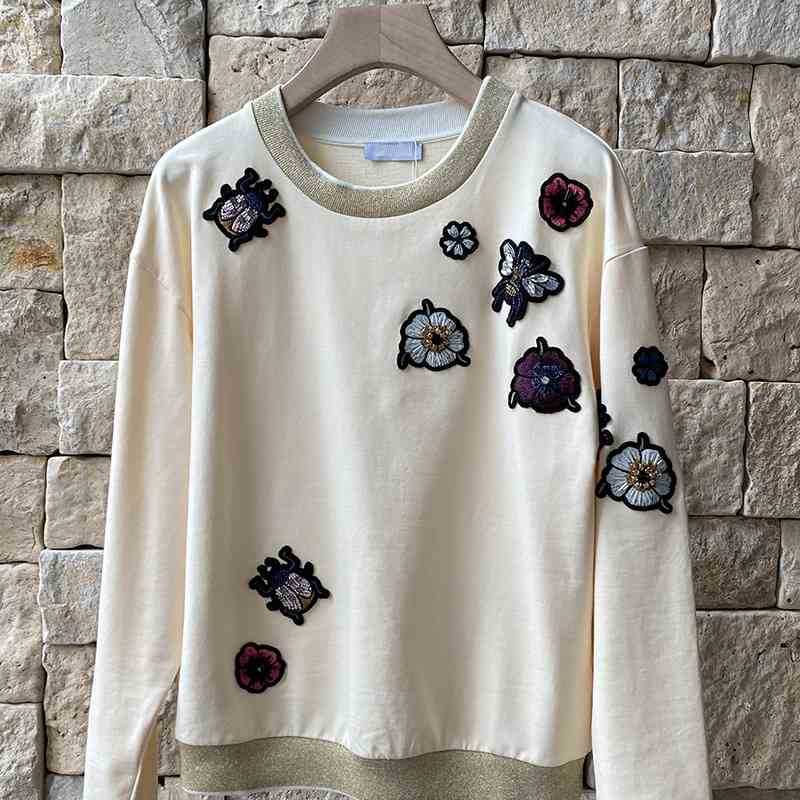 

M family Italian bodyguard 2021 new embroidered top with diamond pattern women' round neck T-shirt, Light yellow