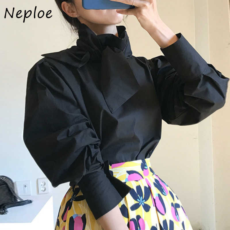 

Neploe Solid Color Puff Sleeve Women Blouse Autumn Chic Drawstring Bow Pullover Shirts Elegant Fashion Femme Blusas 1G686 210721, Beige