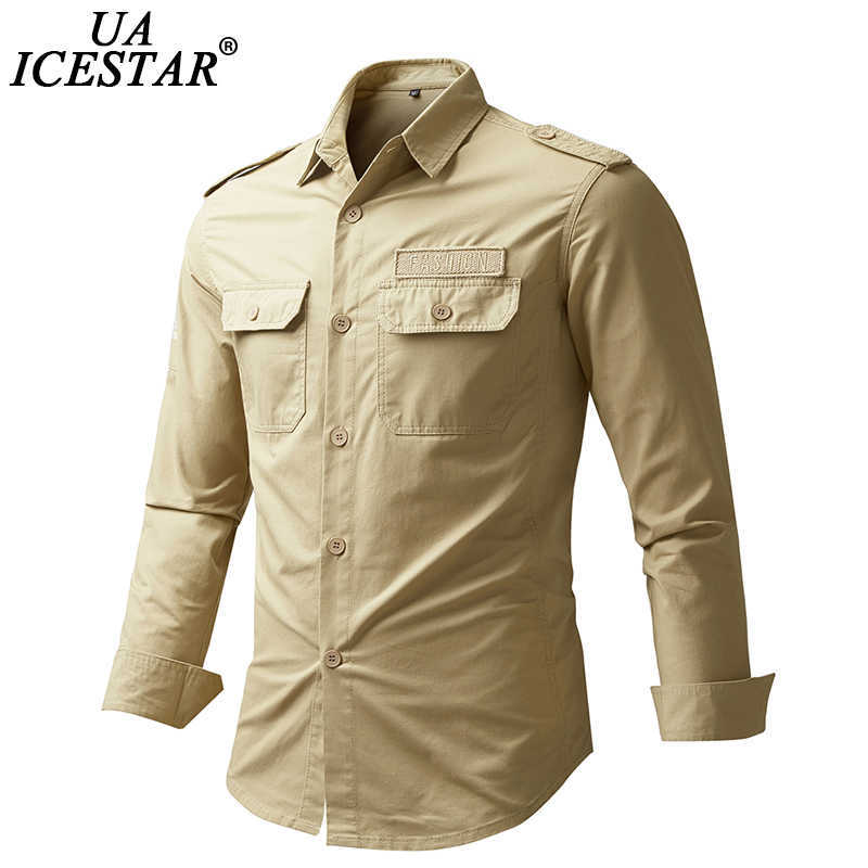 

UAICESTAR 100% Cotton Men Shirts Spring Brand Single Breasted Autumn Fashion Casual Slim Cargo 's 210721, 2a-khaki