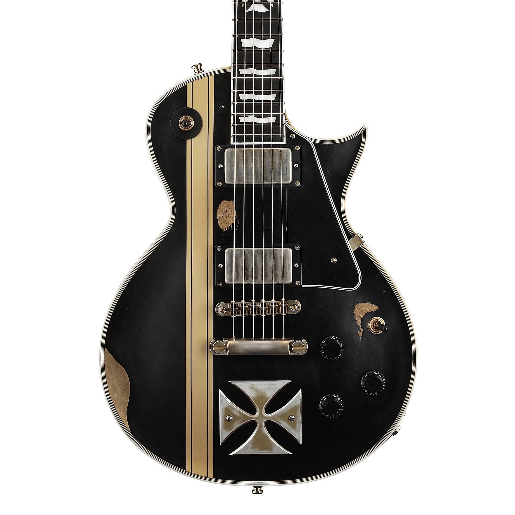 

Custom Shop James Hetfield Metallica Distressed Black Electric Guitar Iron Cross Inlay, Gold Stripe Graphics Top, Yellow Binding, Golden Hardware