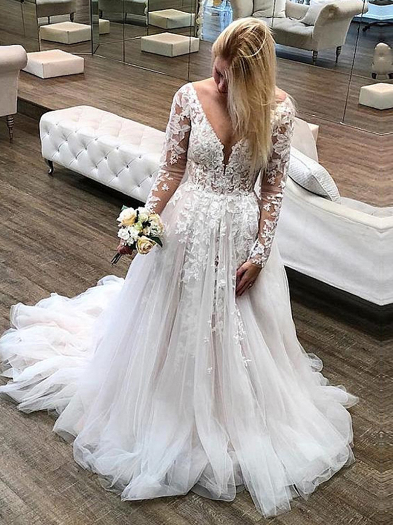 Off Shoulder Long Sleeves A Line Lace Wedding Dresses Appliqued V Neck Sweep Train Backless Bridal Gowns-image-707481131