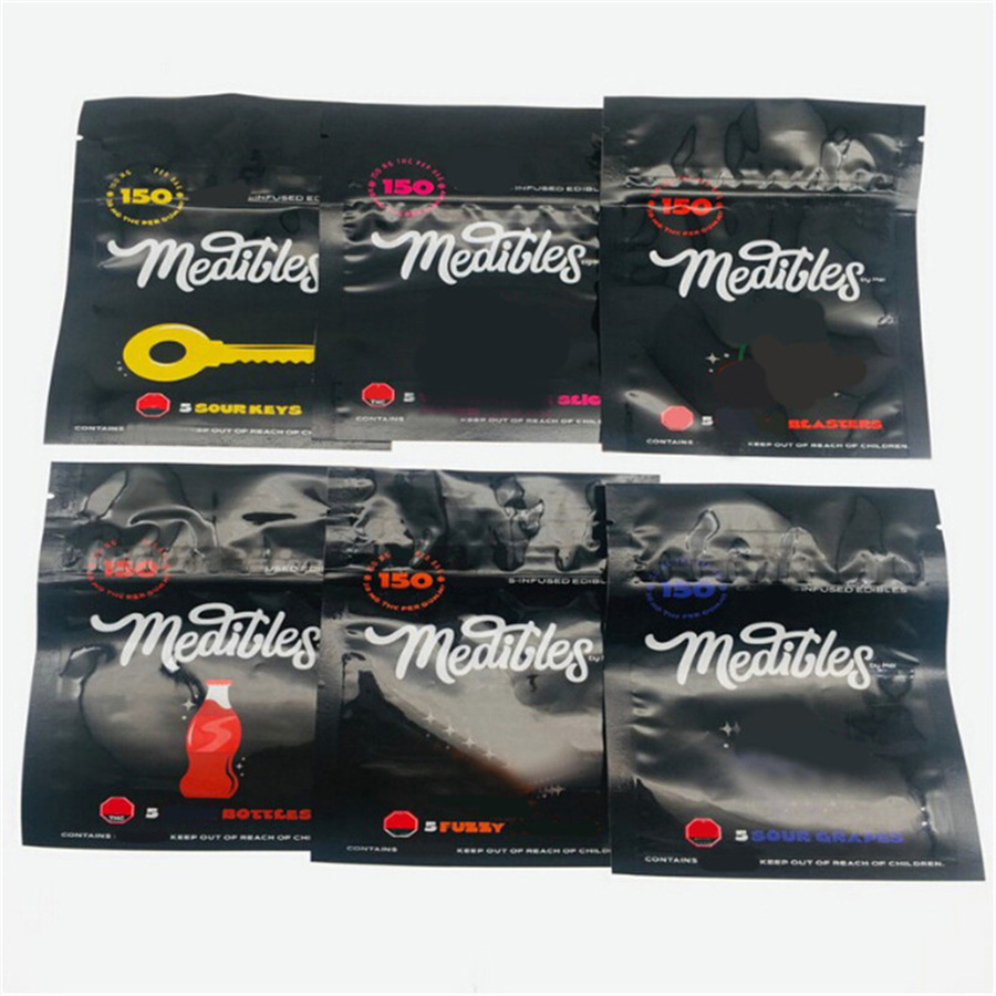 

black medibles mylar packaging bag 150mg edibles gummy bags child resistant zipper smell proof resealable sour cali packs