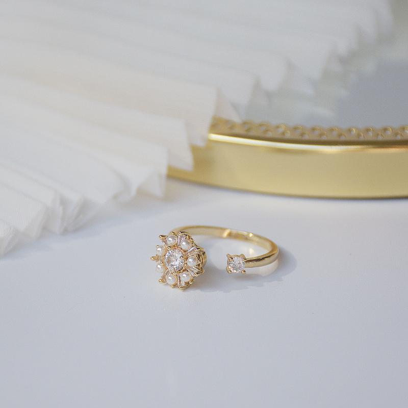 

14k Real Gold Plated Jewelry Pearl Flower Zircon Rotatable Rotating Open Rings For Woman Holiday Party Elegant Fashion Ring Cluster