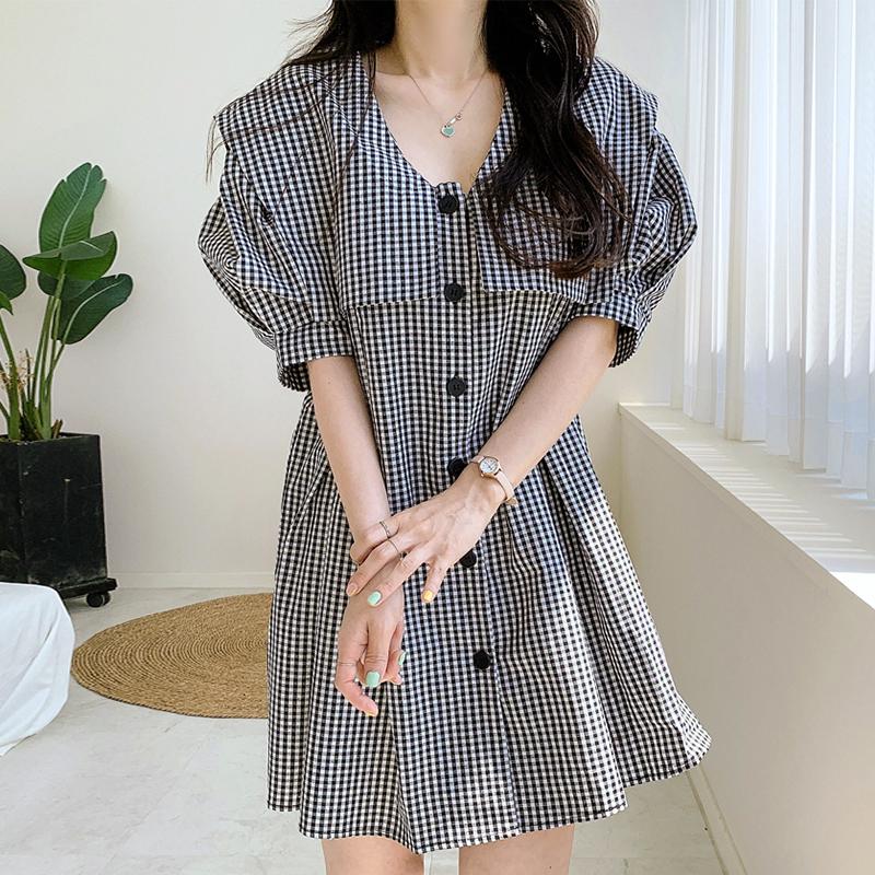 

Casual Dresses Japan Style Loose Single-breasted Puff Short Sleeve Sailor Plaid Dress Women Mini Robe Doll Retro Vestido Shirts Big, Black;gray