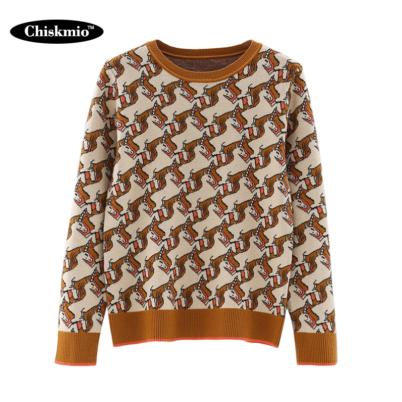 

Geometric Unicorn Knitted Sweater Women Vintage Warm Tops Loose O-Neck Pullover Ladies Autumn Winter Casual Knitwear Harajuku, Brown