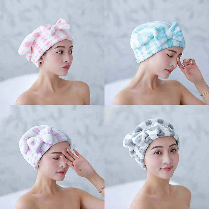 For Women Coral Velvet Shower Caps Dry Hair Towel Super Absorbent Bath Accessories with Bowknot Quick-drying Hair Cap 1Pcs-image-690312587