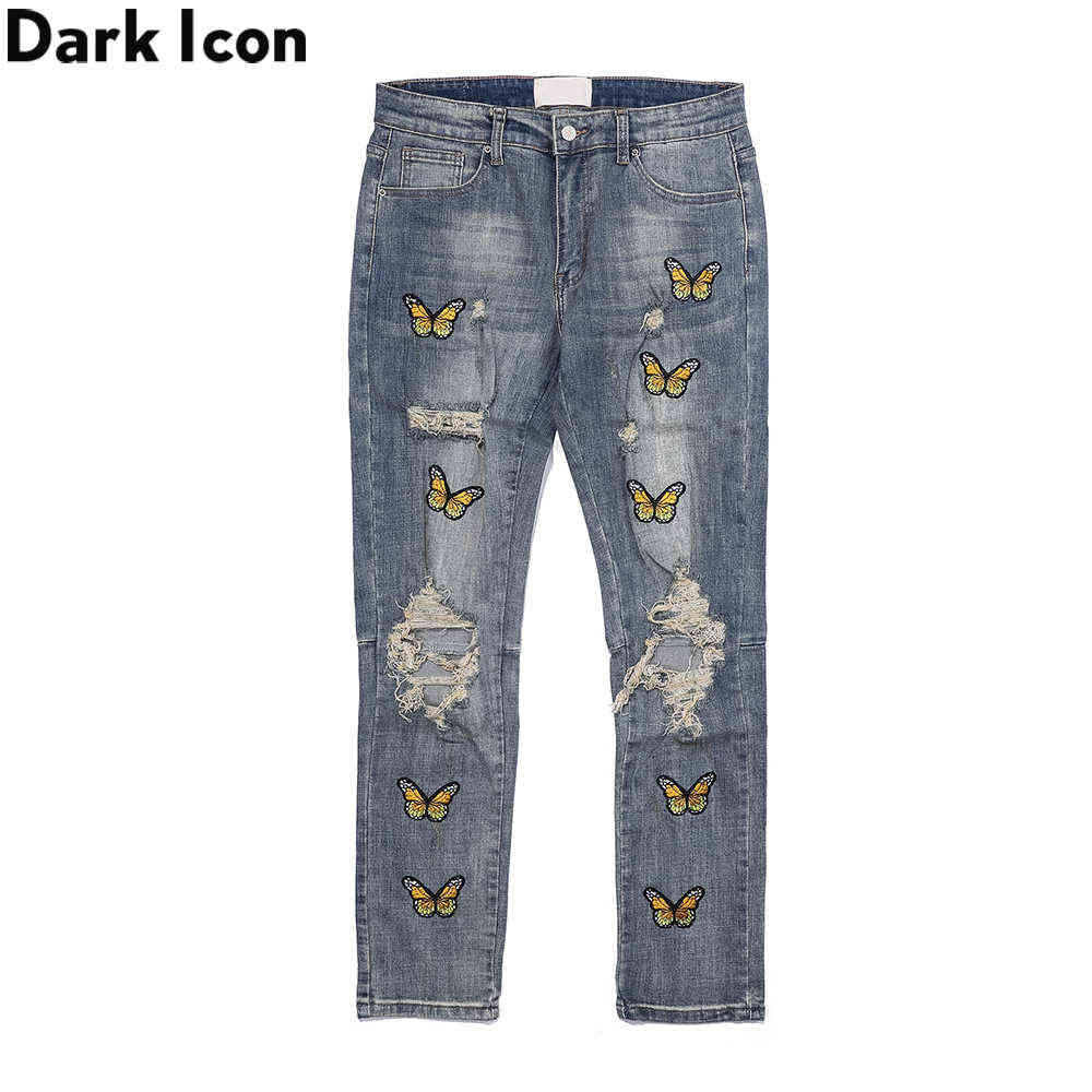 

Butterfly Embroidery Jeans Men High Street Men's Denim Pants 210603, Blue