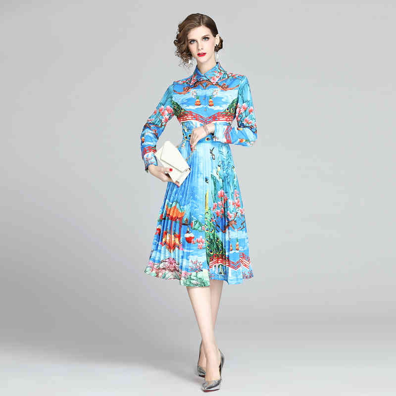 

Women Spring Designer Elegant Long Sleeve Print Shirt Dress Sexy Slim Office Party Robe Female Vintage Pleated Dresses Vestidos 210525, Blue