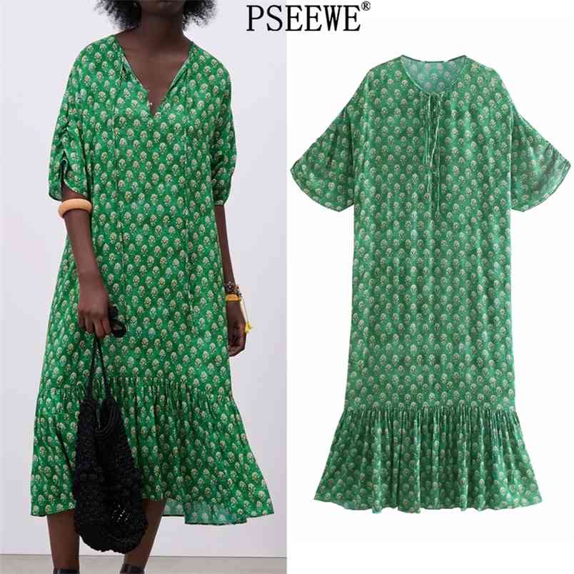 

Woman Dresses Green Floral Print Midi Summer Dress Women Vintage Short Sleeve Ruched Ruffle Casual Long 210519