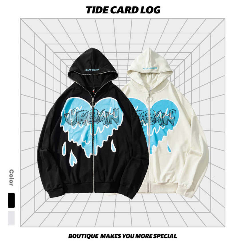 

Autumn and winter new design hooded cartoon love zipper cardigan fashion brand sweater men's Unisex couple, Black