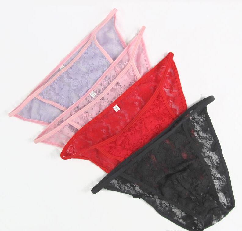 

Men's G-Strings bikini panties briefs C-thru stretchy Lace narrow elastic Floral fashionable Sexy underwear 3pieces/lot, Red