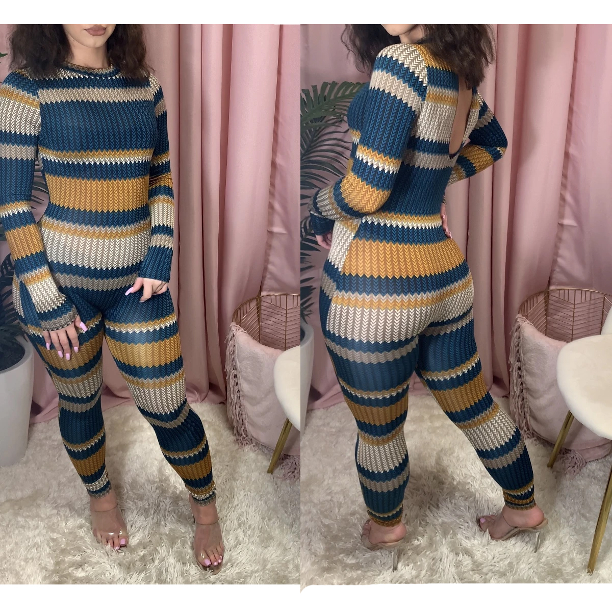 

2011hirigin autumn striped print bodycon jumpsuit women skinny active wear o-neck club rompers long sleeve one piece overalls, Black;white