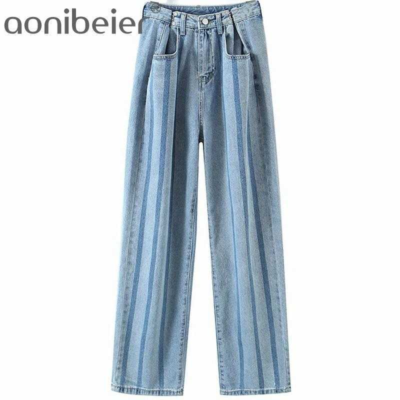 

Striped Jean Long Trousers Spring Design Hooks Button High Waist Straight Casual Denim Pants Female Bottoms 210604, Blue