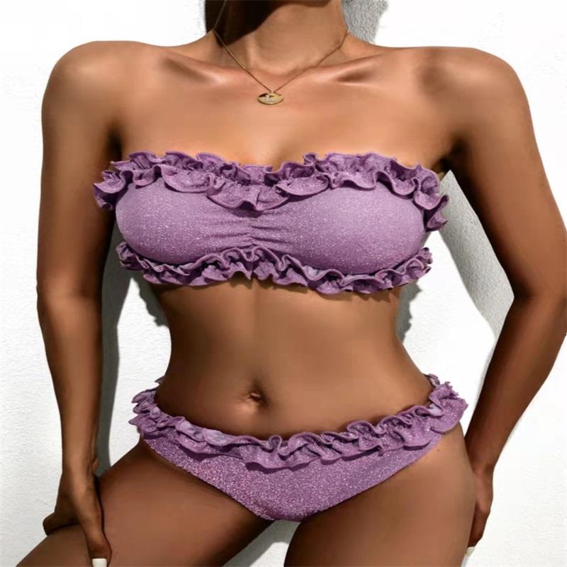 

Women's Swimwear Strappy Shoulder Bikini Top Floral RuffleFree Flounce Belt Sexuality Ductility Elastic Force SwimsuitOff Pure Push Up Swims, Brown