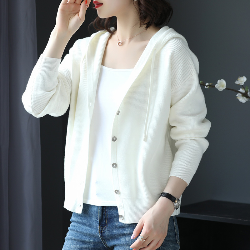 

women's sweaters autumn casual hooded thin knitted single breasted sweater female loose cardigans coat new ladies solid outerwear, White;black