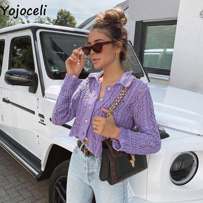 

Yojoceli Elegant hollow out knitted cardigan women Autumn winter button casual cool sweater outerwear 210609, Lavender