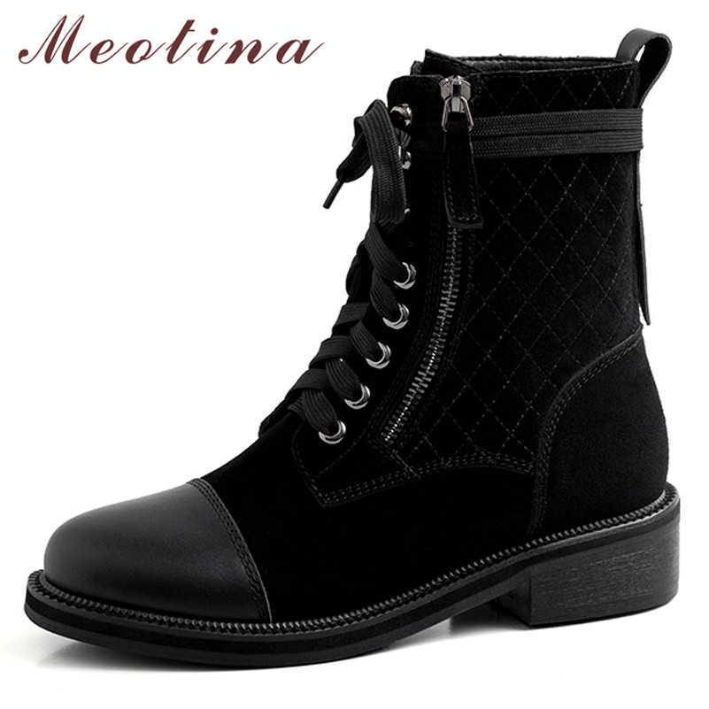 

Meotina Genuine Leather Motorcycle Boots Women Real Leather Chunky Heels Ankle Boots Zipper Round Toe Shoes Lady Autumn Size 39 210608, Black