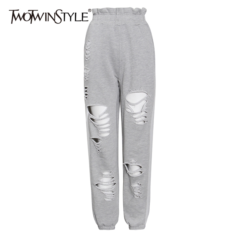 

Streetwear Patchwork Hole Pants For Women High Waist Hollow Out Casual Trousers Female Fashion Stylish 210521, White