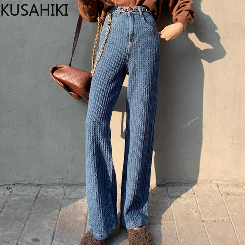 

Korean Weave Jeans Women Pants High Waist Elegant Long Trousers Causal Demin Wide Leg 6F574 210603, Blue