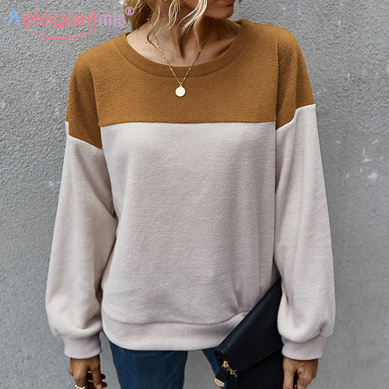 

Aelegantmis Women Oversize Fleece Sweatshirts Female Loose Casual Pullover Coat O-neck Long Sleeve Patchwork Outwear 210607, Dark grey