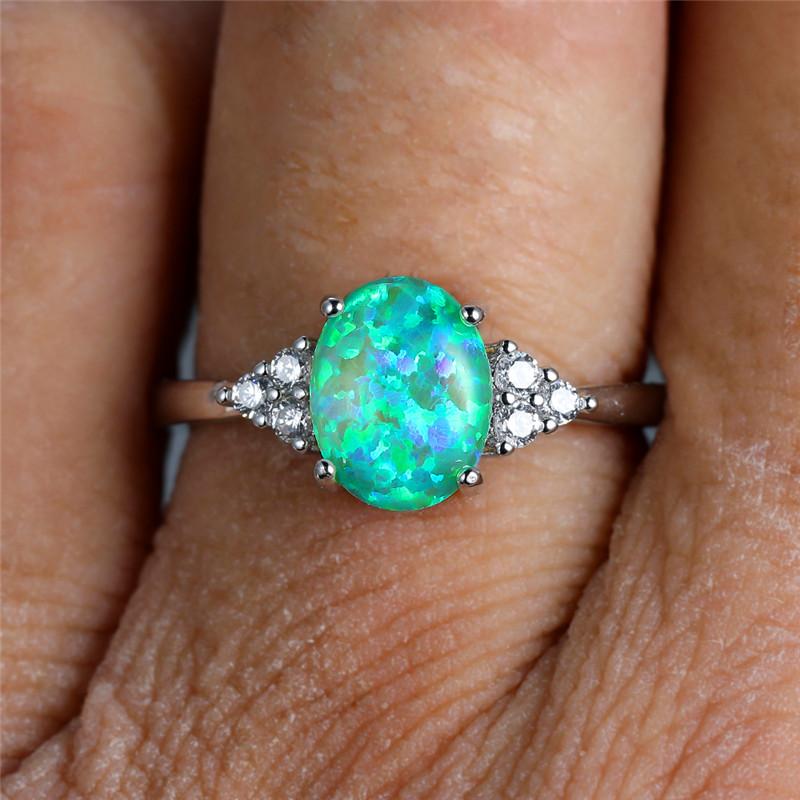 

Wedding Rings Cute Female Green Opal Open Ring Charm Silver Color Thin Engagement Vintage White Zircon Stone For Women, Slivery;golden