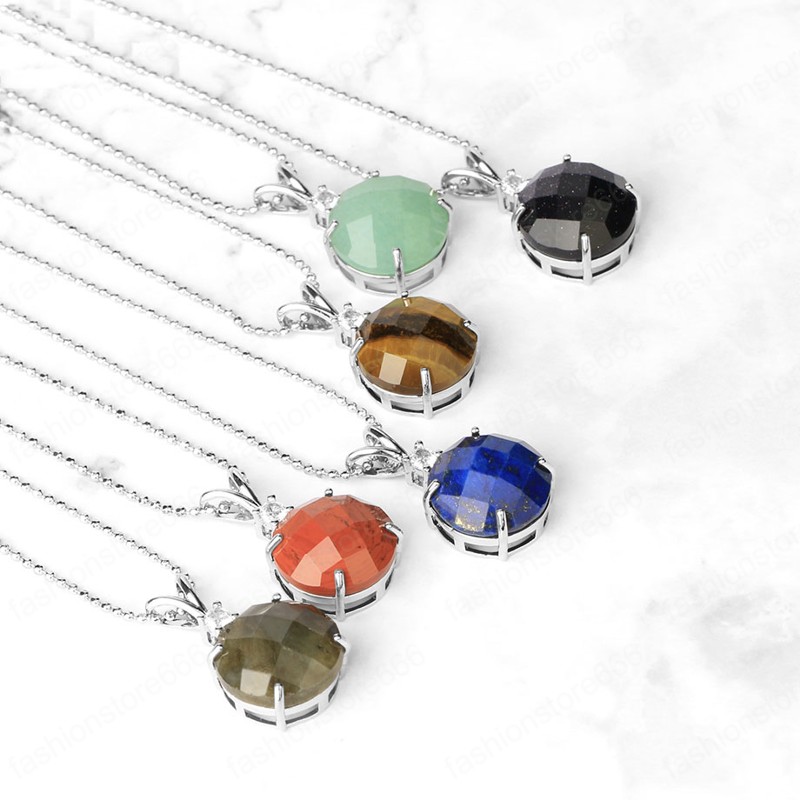 

Natural Healing Crystal Necklace Round Gem Stone Pendant Green Aventurine Rose Quartz Tiger Eye Labradorite Jewelry
