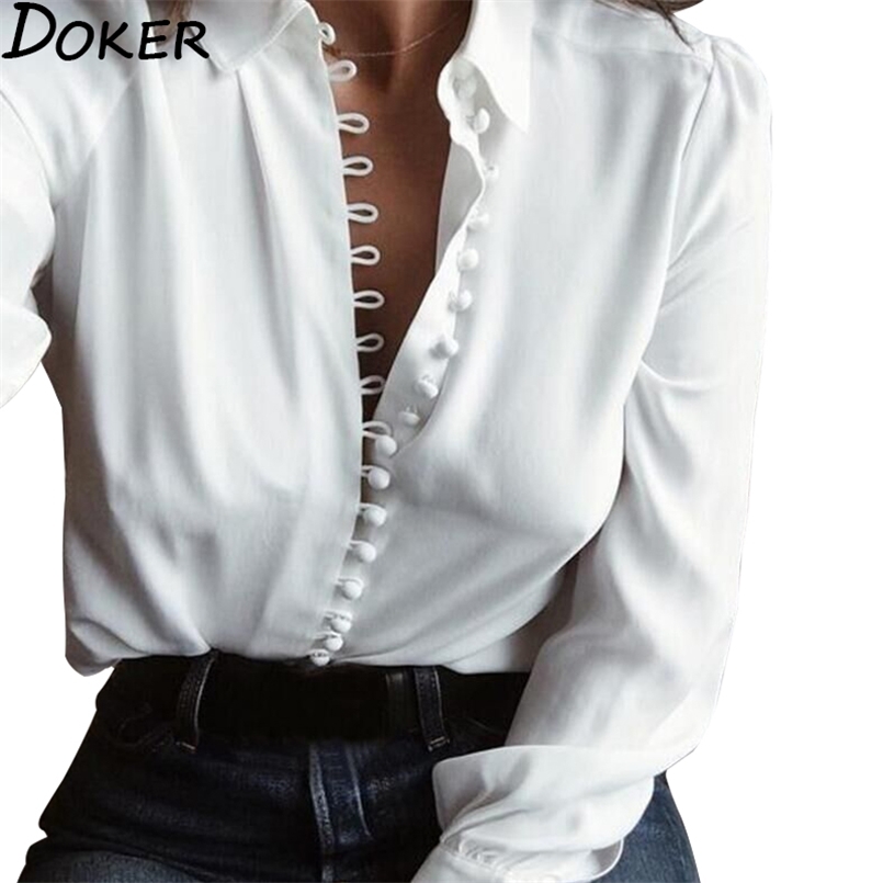 

Elegant Office Blouse Women Clothes Turn-down Collar Long Sleeve Shirt Plus Size Streetwear Womens Tops And Blouses 210730, White