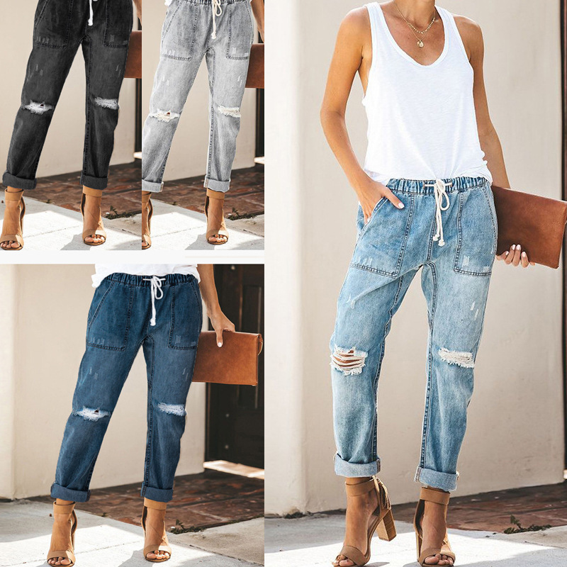

jeans women's clothing spring and summer 2021 leisure street trendsetter korean fashion straight pants perforated, Blue