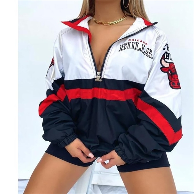 

3XL Spring and Autumn Fashion Baseball JacketsCasual V-neck Zipper Pullover Printed Plus Size for Women Coat 211109, Multi