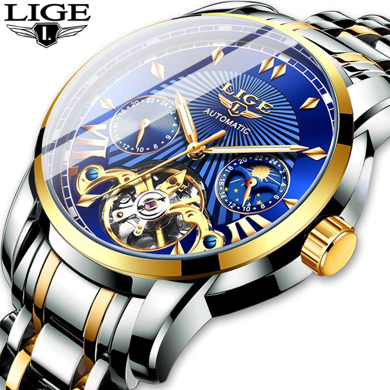 

Wristwatches 2021 LIGE Men Watch Tourbillon Automatic Mechanical Top Stainless Steel Sports Watches Mens Relogio Masculino, Gold blue