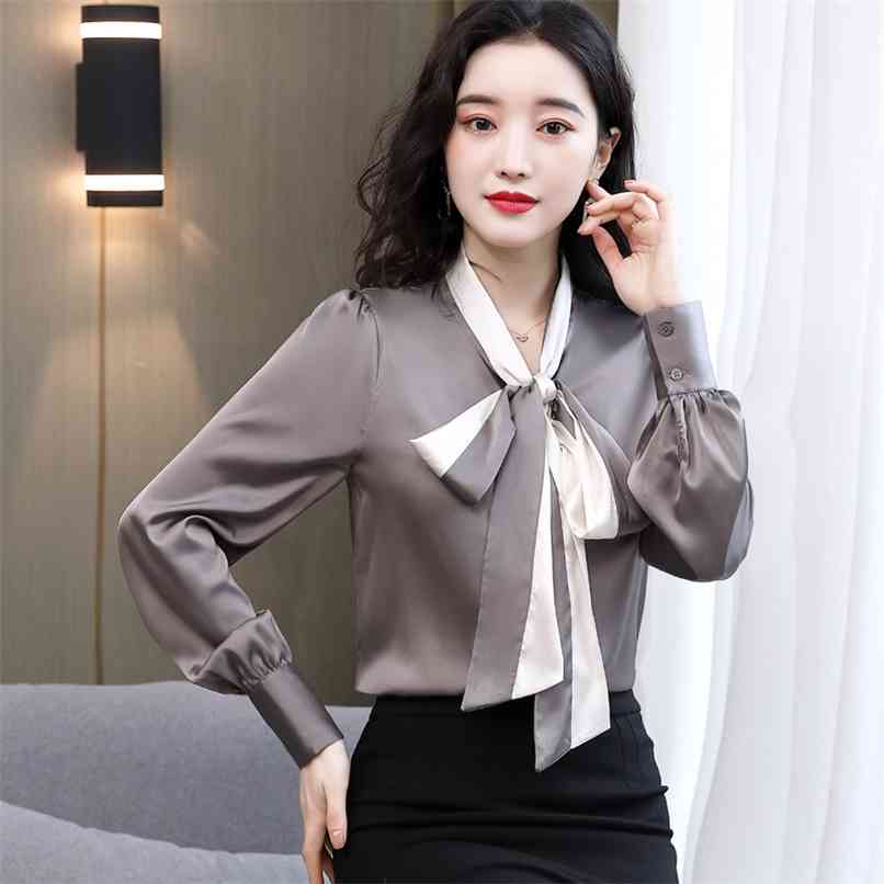 

Fashion Chiffon Shirt Ladies Spring Long Sleeve Scarf Collar Temperament Top 210520, Gray