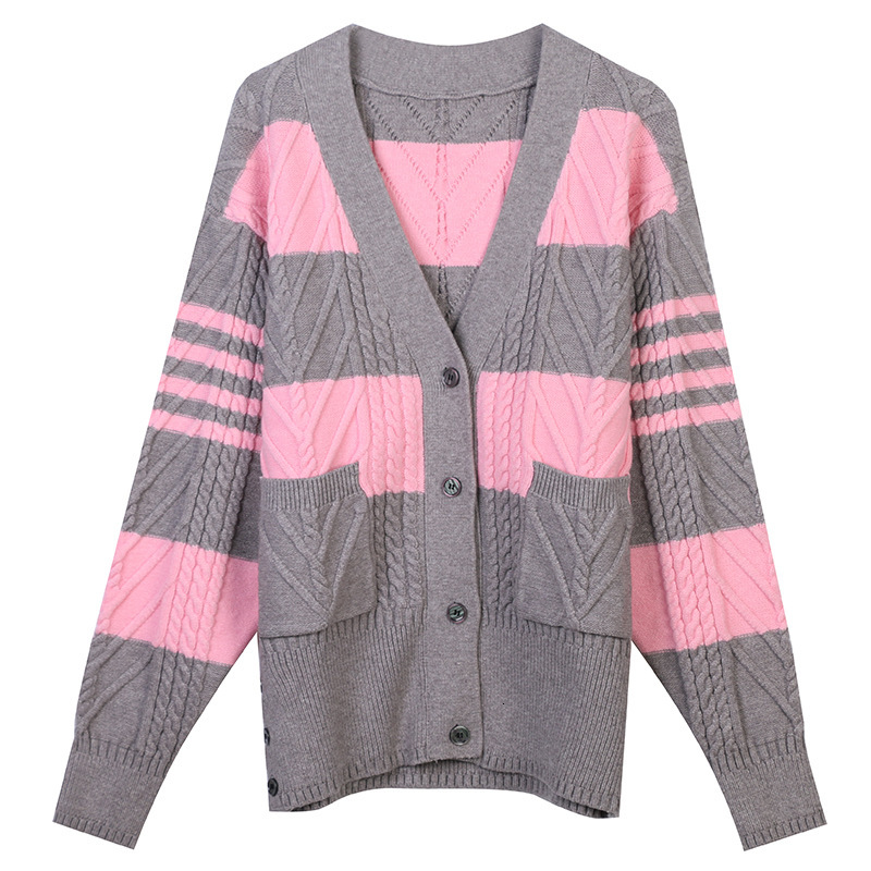 

Women's Jackets Winter Fashion Women Clothes Knitwear 2021 Long Sleeve V-Neck Stripe Contrast Color Thick Loose Knit Cardigan Jacket 49RJ, Blue