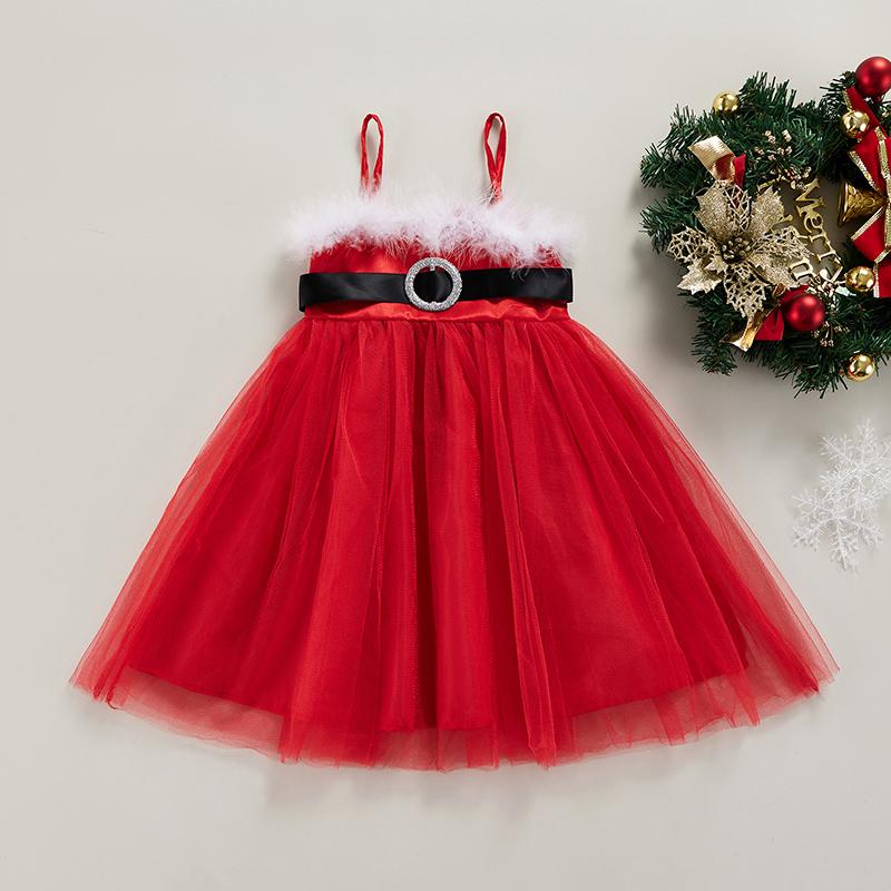

Girl's Dresses Kids Girls Christmas Sling Yarn Long Skirt Red Plush Collar Belt Decorative Net Dress Party, Red;yellow