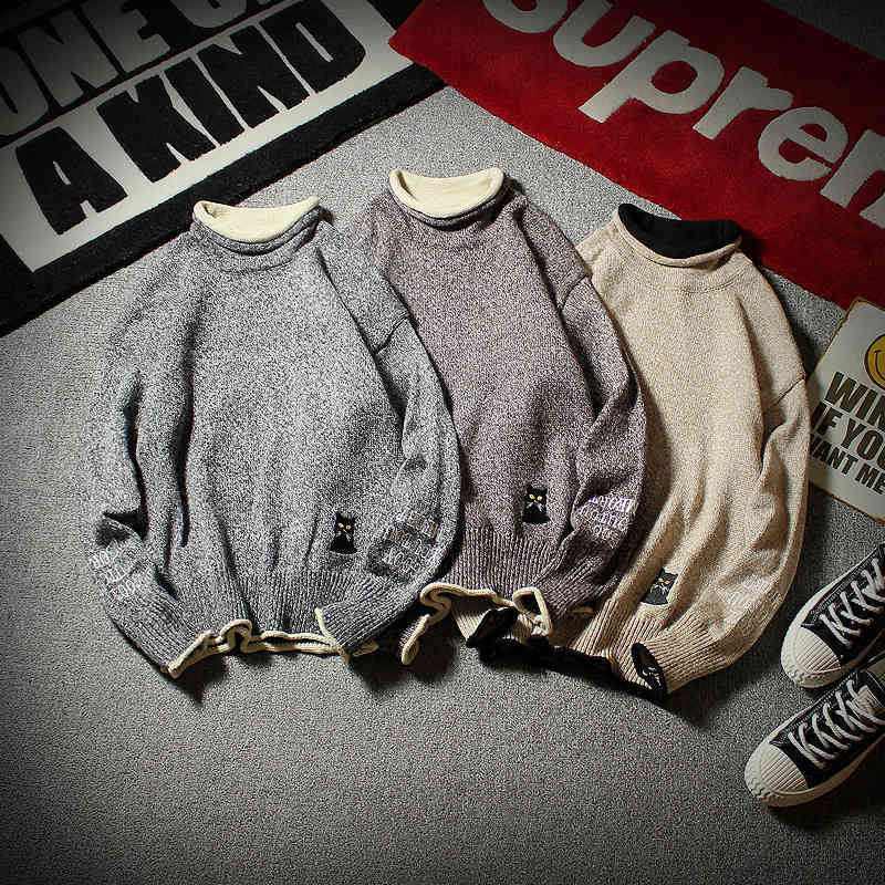 

Men's Sweaters Fashion-Mens Winter Solid High Collar Pullover O Neck Sweater Fashionable Warm Embroidered Wear Turtleneck E7MD, Gray