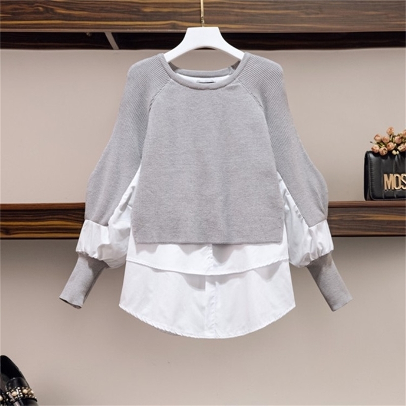 

Fashion Spring Elegant knit Sweater Patchwork Blouse Women Long Sleeve Casual Loose pullover Top 210519, Photo color