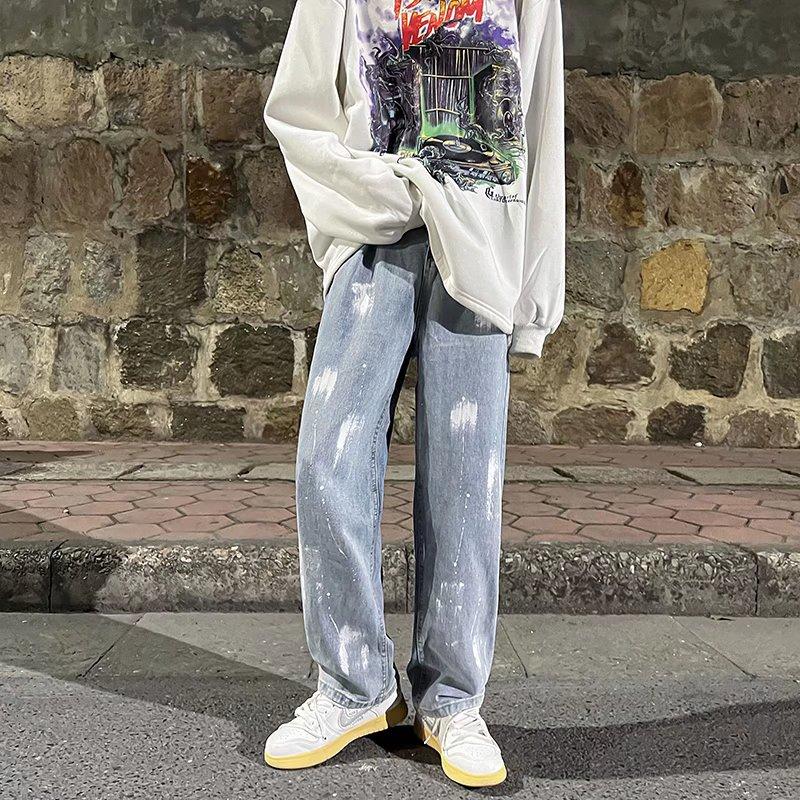 

Men' Jeans Wide-leg Straight Loose Ins Splash Ink Pants Hong Kong Trend Brand Retro Drape Mopping Daddy Trousers, Crb1236