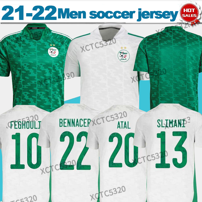 

2021 Algeria nation team soccer jersey Fans home white away green MAHREZ FEGHOULI BENNACER ATAL men + kids sets maillot de foot, No name no number