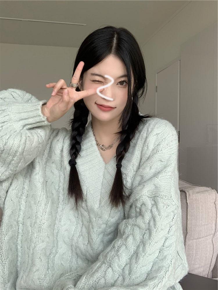 

Women's Sweaters 2021 Autumn/Winter Twist Thickened V Neck Loose Lazy Wind Long Knit Jacket Soft Waxy Blue Korean Version Of The Girl, Gray