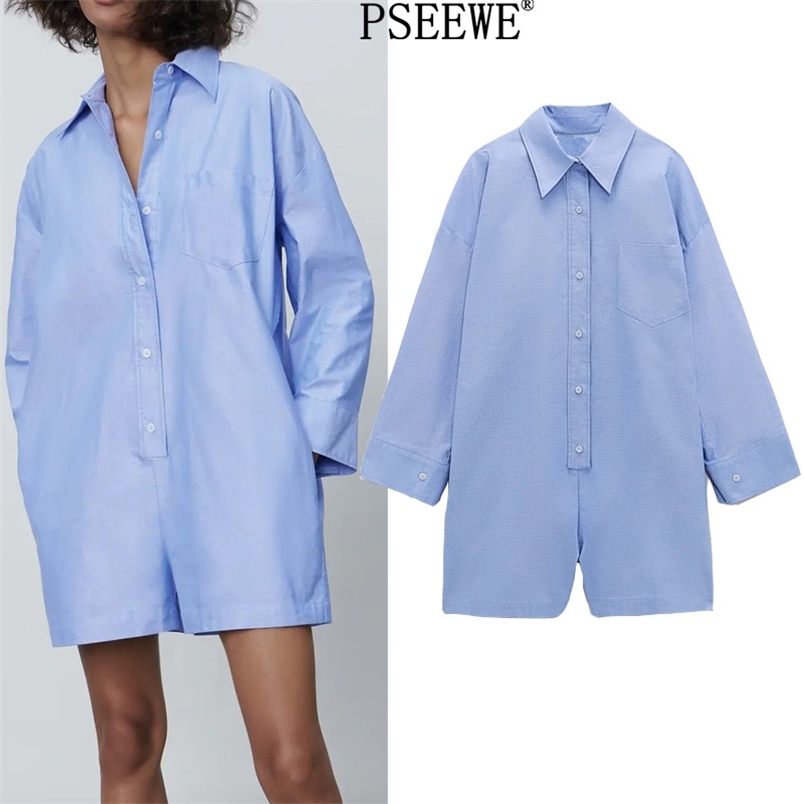 

Blue Shirt-Style Short Jumpsuit Women Casual Spring Summer Pocket Long Sleeve Playsuits Woman Fashion Rompers 210519, Multi