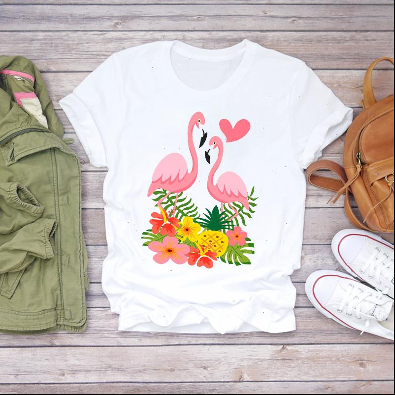 

women t shirts cute cartoon flower love flamingo beach summer shirt ladies womens graphic female tee, White