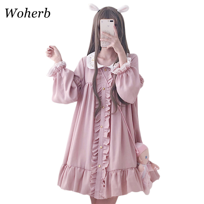 

Woherb 2021 Summer Dress Women Harajuku Pink Ladies Ruffle Lace Patch Kawaii Dresses Lolita Cosplay Sweet Loose Vestidos 21092, Dark pink