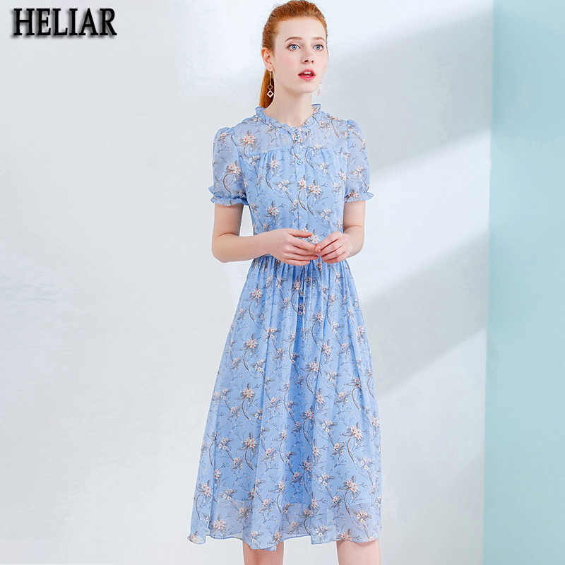 

Sky Blue Chiffon Printed Dresses For Ladies Short Sleeve Summer Elegant Slim Vacation High Waist A Line 210518