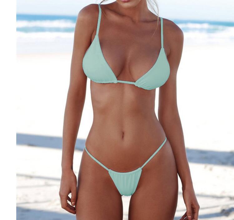 

Sexy halter strap and chest pad solid color bikini women' split swimsuit Swimwear, Black