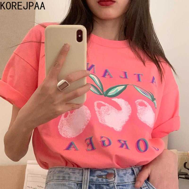 

Korejpaa Women T-shirt Korean Chic Summer Fashion Peach Print Loose Casual and Versatile Pullover Short Sleeve Tee Top 210526, Picture color