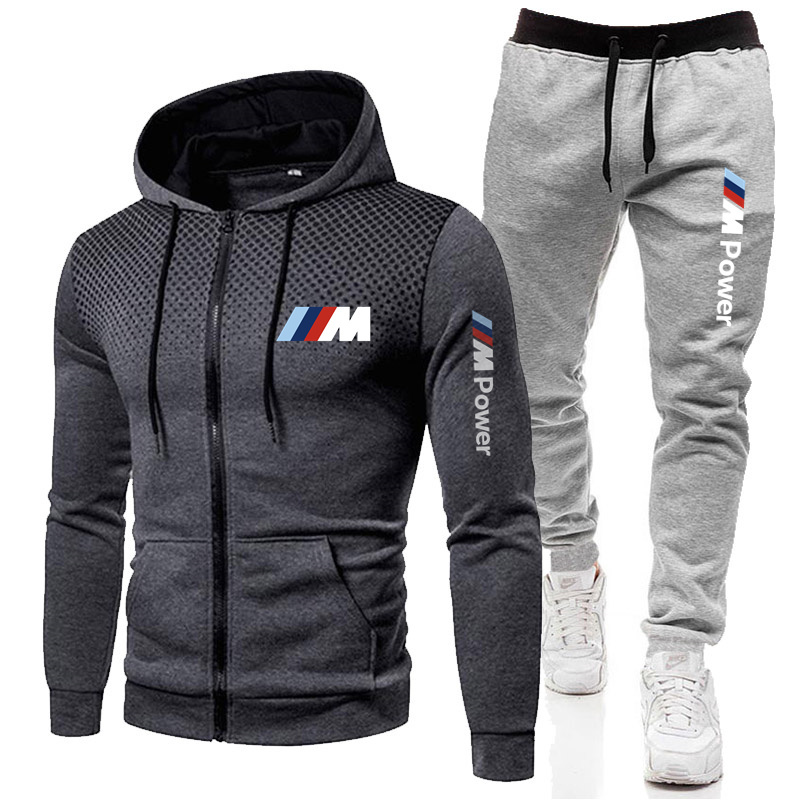

Men' Suit Hoodie + Sweatpants Sports Zipper Sweatshirt Set Bmw 2-piece Sportswear Brand Clothing, Dark grey
