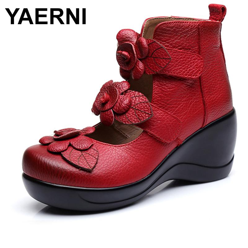 

Women Thick Heels Plarform Sandals Closed Toe Flower Ethnic Style Handmade Genuine Leather Personalized SandalsE437, Black